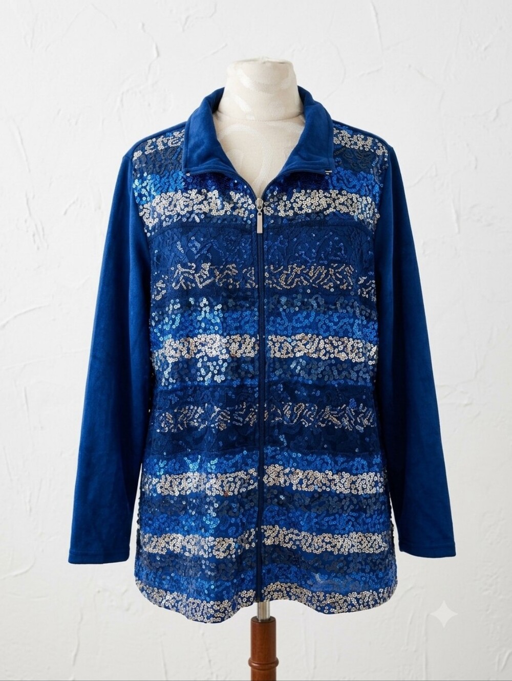 Quacker Factory NWT Velour Blue Sequin Zip-Front Women's Jacket, Size 1X